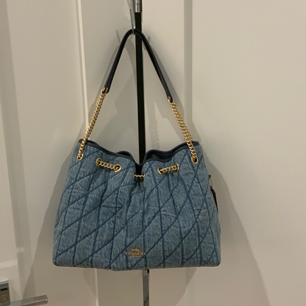 Coach Quilted Denim Drawstring Shoulder Bag in Light Blue with Gold Hardware